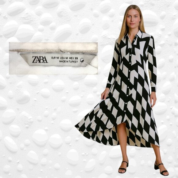 Zara Monochrome Abstract Long Sleeve Maxi Dress Size M - TALL - Picture 4 of 5